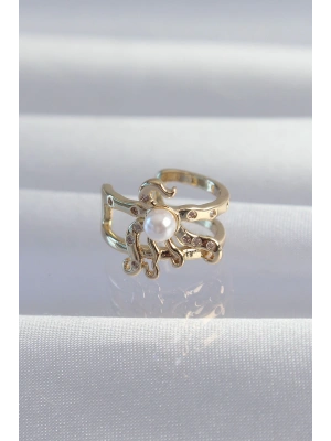 Pirinç Gold Renk İncili Ahtapot Earcuff Küpe