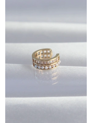 Pirinç Gold Renk İncili Baget Taşlı Earcuff Küpe