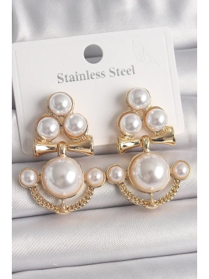 Pirinç Gold Renk İncili Çapa Model Kadın Küpe