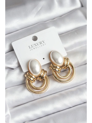 Pirinç Gold Renk İncili Vintage Kadın Küpe