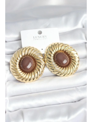 Pirinç Gold Renk Kahverengi Boncuklu Vintage Kadın Küpe