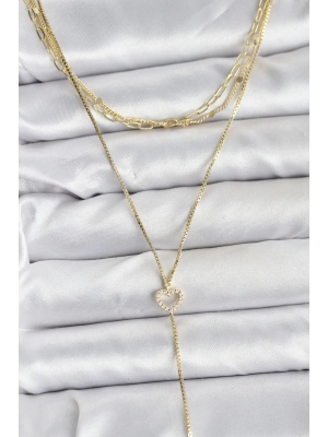 Pirinç Gold Renk Kalp Detaylı 3lü Kombin Y Kadın Kolye