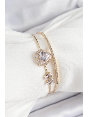 Pirinç Gold Renk Kalpli Zirkon Taşlı Kadın Bileklik