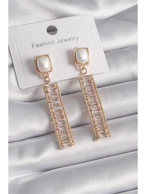 Pirinç Gold Renk Kare İnci Zirkon Taşlı Su Yolu Model Kadın Küpe