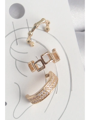 Pirinç Gold Renk Kare Model Zirkon Taşlı 3Lü Model Kadın Kıkırdak Küpe
