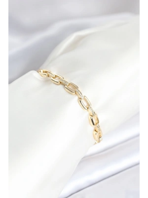 Pirinç Gold Renk Kare Zincir Model Zirkon Taşlı Kadın Bileklik