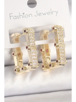 Pirinç Gold Renk Kare Zirkon Taşlı Kadın Küpe