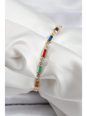 Pirinç Gold Renk Karışık Renkli Kare Zirkon Taşlı Kadın Bileklik