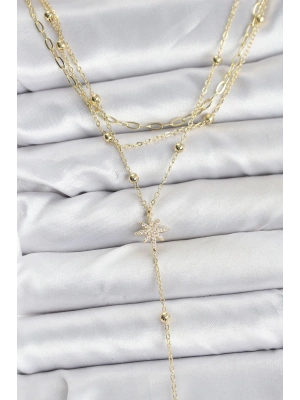 Pirinç Gold Renk Kutup Yıldızı Detaylı 3lü Kombin Kadın Kolye