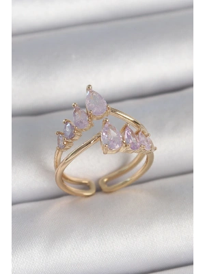 Pirinç Gold Renk Mor Damla Zirkon Taşlı Taç Model Kadın Yüzük
