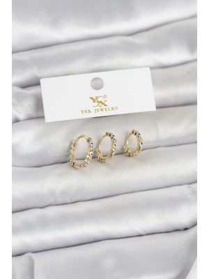 Pirinç Gold Renk Nazarlı Model 3lü Kadın Küpe