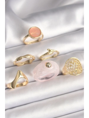 Pirinç Gold Renk Pembe Plastik Yüzük Model Daire Pembe Mine Yılan Detay 6Lı Kadın Yüzük Seti