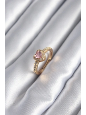Pirinç Gold Renk Pembe Zirkon Taş Kalp Charm Model Kadın Yüzük