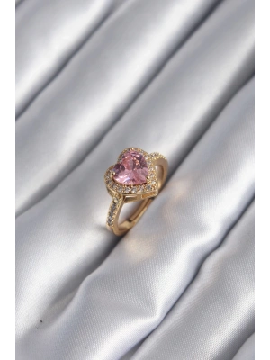 Pirinç Gold Renk Pembe Zirkon Taşlı Charm Kalp Model Kadın Yüzük