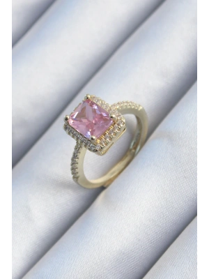Pirinç Gold Renk Pembe Zirkon Taşlı Kadın Yüzük
