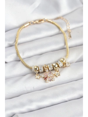 Pirinç Gold Renk Renkli Yıldız Charmlı Kadın Bileklik