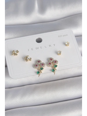 Pirinç Gold Renk Renkli Zirkon Taşlı Çiçek Model Yaprak Detay 925 Ayar Gümüş Çivi Kadın Küpe Seti