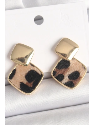 Pirinç Gold Renk Sallant Kare Leopar Desen Model Kadın Küpe