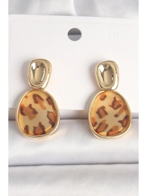 Pirinç Gold Renk Sallantı Leopar Desen Kare Model Kadın Küpe
