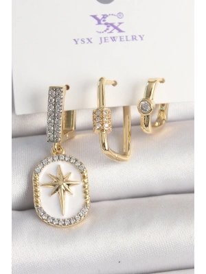 Pirinç Gold Renk Sallantı Zirkon Taş İşlmeli Yıldız Portre Model 3Lü Kadın Kombin Küpe