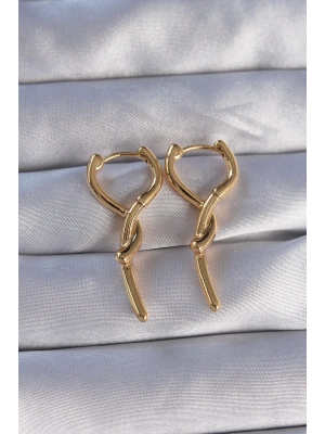 Pirinç Gold Renk Sarmal Çubuk Tasarımlı Uzun Küpe