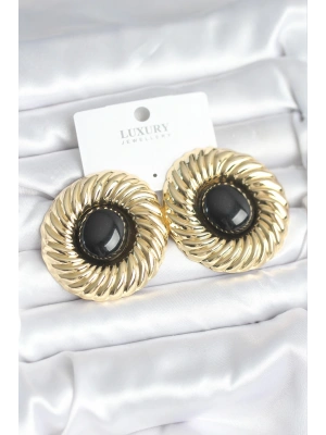 Pirinç Gold Renk Siyah Boncuklu Vintage Kadın Küpe