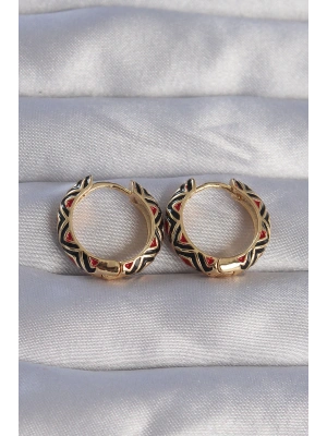 Pirinç Gold Renk Siyah Etnik Desenli Halka Küpe