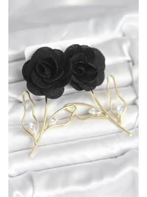 Pirinç Gold Renk Siyah Gül Model Kadın Küpe