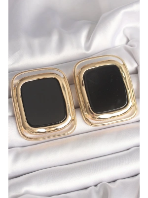 Pirinç Gold Renk Siyah Mineli Kare Model Kadın Küpe