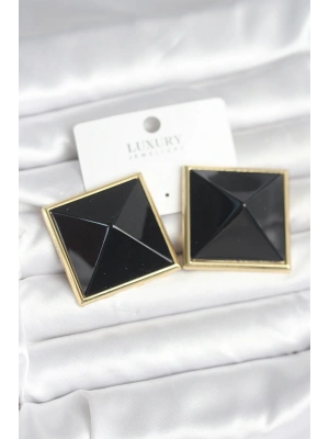 Pirinç Gold Renk Siyah Piramit Model Kadın Küpe