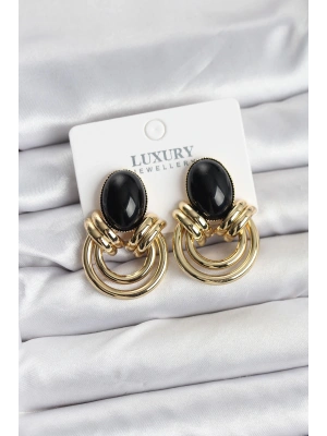 Pirinç Gold Renk Siyah Taşlı Vintage Kadın Küpe
