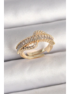 Pirinç Gold Renk Su Yolu Zirkon Taşlı Ayarlanabilir Model Kadın Yüzük