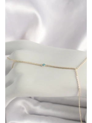 Pirinç Gold Renk Su Yolu Zirkon Taşlı Mavi Taş Detaylı Kadın Şahmeran