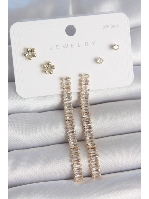 Pirinç Gold Renk Su Yolu Zirkon Taşlı Sallantı Model Çiçek Detay 925 Ayar Gümüş Çivi Kadın Küpe Seti