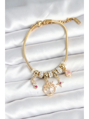 Pirinç Gold Renk Yaşam Ağacı Charmlı Kadın Bileklik