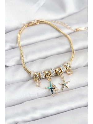 Pirinç Gold Renk Yıldız Model Charmlı Kadın Bileklik