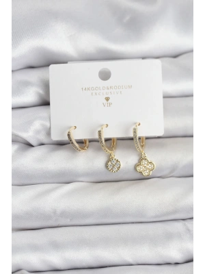 Pirinç Gold Renk Yonca Model 3lü Kadın Küpe Seti