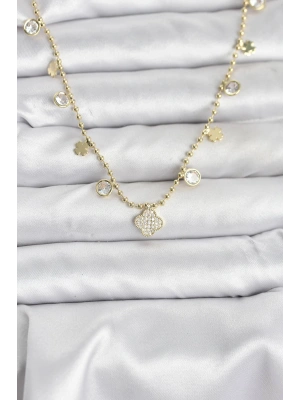 Pirinç Gold Renk Yonca Model Kadın Kolye