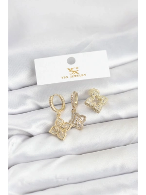 Pirinç Gold Renk Yonca Model YSX Trio Küpe Seti