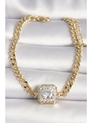 Pirinç Gold Renk Zincir Kare Zirkon Taş Model Xuping VIP Seri Kadın Bileklik