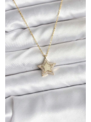 Pirinç Gold Renk Zincirli Yıldızlı Model Kadın Kolye