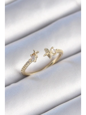 Pirinç Gold Renk Zirkon Taş Detay Yıldız Model Kadın Yüzük