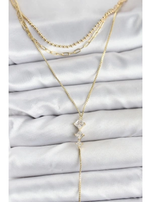 Pirinç Gold Renk Zirkon Taş Detaylı 3lü Kombin Y Kadın Kolye