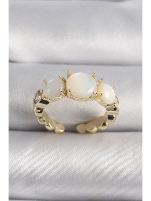 Pirinç Gold Renk Zirkon Taş Detaylı Beyaz Sedefli VIP Seri Kadın Yüzük