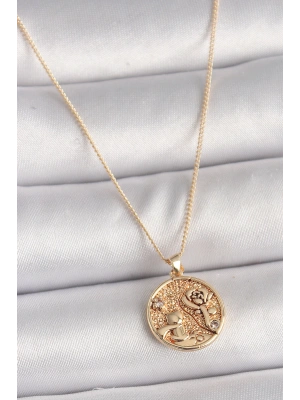 Pirinç Gold Renk Zirkon Taş Detaylı Gül İşleme Madalyon Model Kadın Kolye