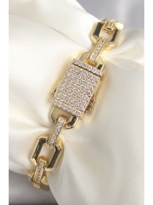 Pirinç Gold Renk Zirkon Taş Detaylı Kare Zincir Model Xuping VIP Exculusive Seri Kadın Bileklik