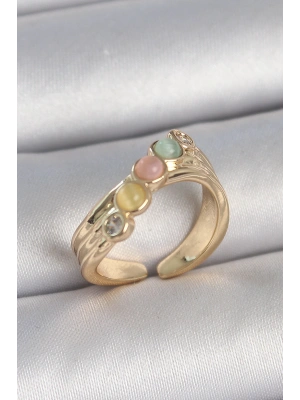 Pirinç Gold Renk Zirkon Taş Detaylı Karışık Mineli Ayarlanabilir Kadın Yüzük