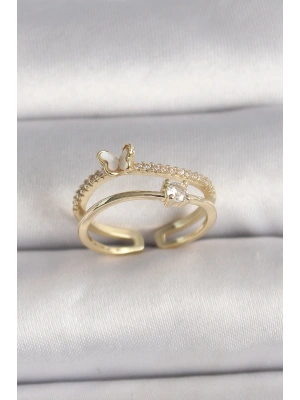 Pirinç Gold Renk Zirkon Taş Detaylı Kelebek Figür Ayarlanabilir Yüzük