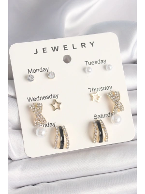 Pirinç Gold Renk Zirkon Taş Yıldız Detaylı İncili 7Li Set Kadın Küpe Seti