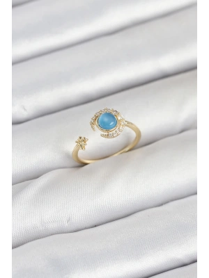 Pirinç Gold Renk Zirkon Taşlı Ay Yıldız Kadın Yüzük